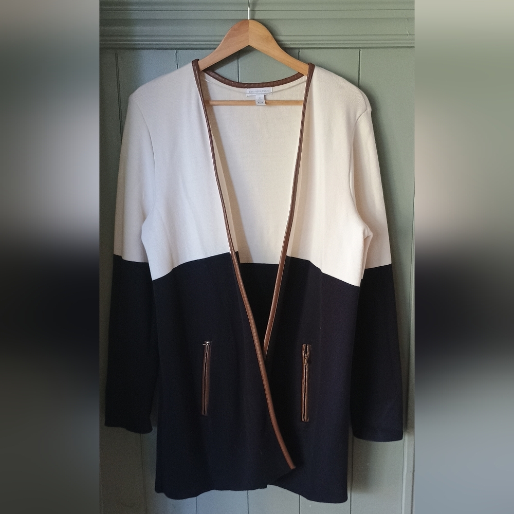 Charter Club Navy and Cream Open Front Sweater